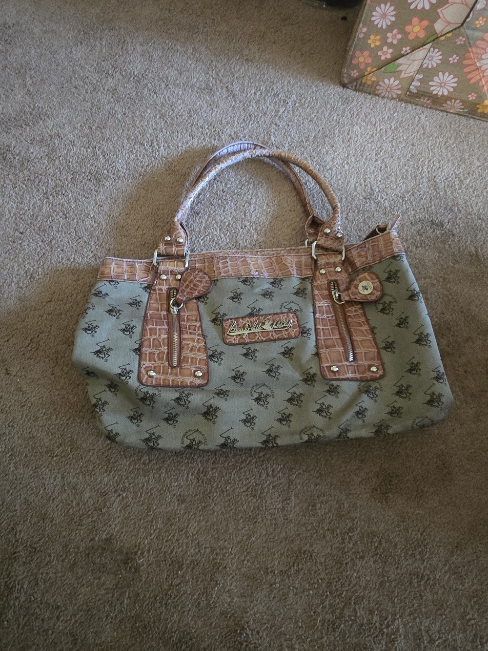 Beverly Hills Polo Club-Women’s Two-Tone Canvas Satchel w/Vegan Crocodile Trim